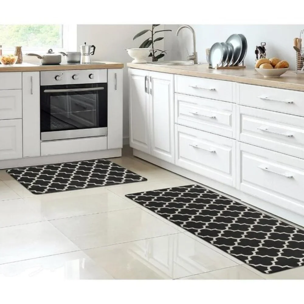 New Black Kitchen Mats, 2Pcs Anti-Fatigue Cushioned Non-Slip Waterproof Rug Set